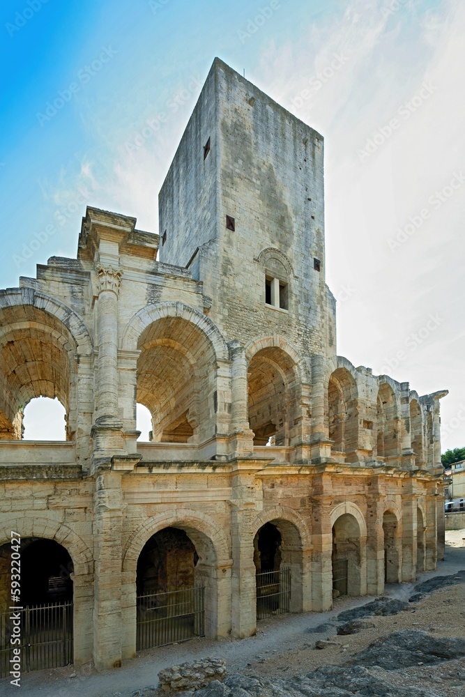 Vertical shot of the Arles amphitheater ruins in Provence, France