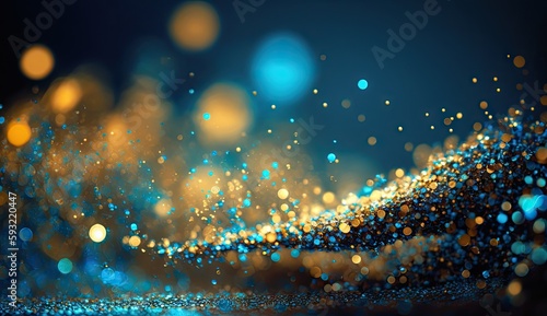 blue and golden glitter in shiny defocused background