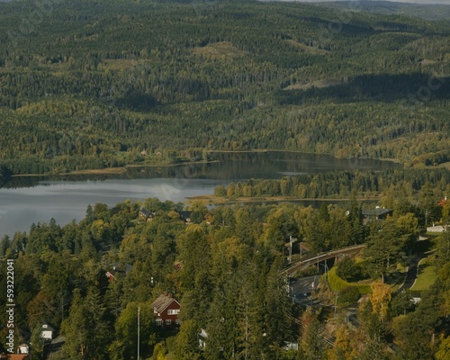 Aerial view of the town on the lakeshore with a forest in the background, Oslo, Norway