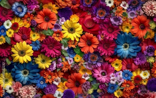 Colorful flowers background. Generative AI technology.