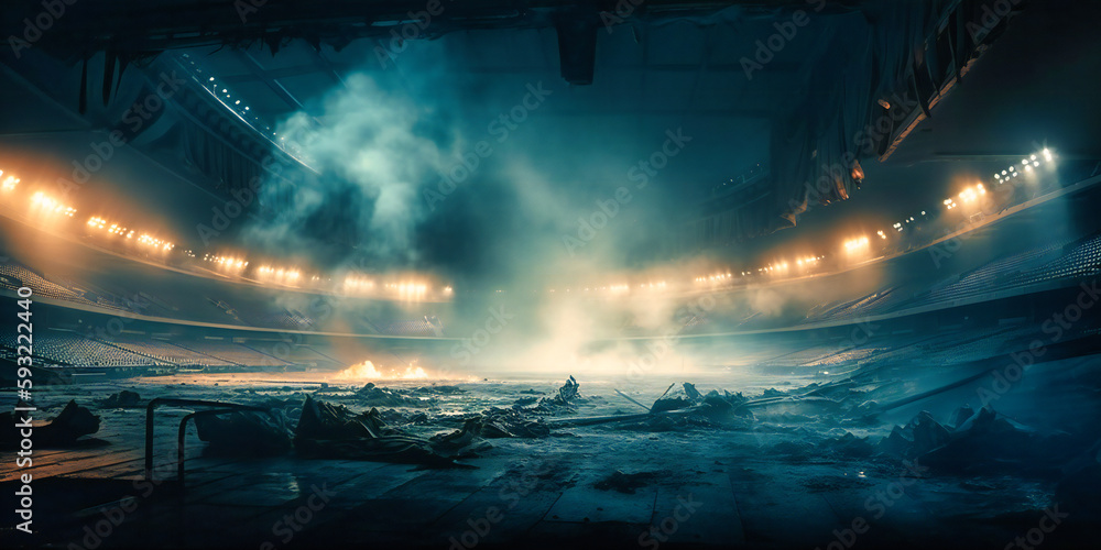 a stadium with smoke around and fire lighting,