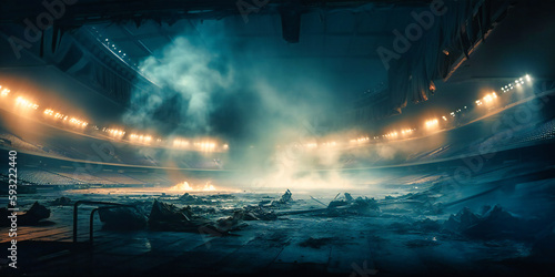 a stadium with smoke around and fire lighting 
