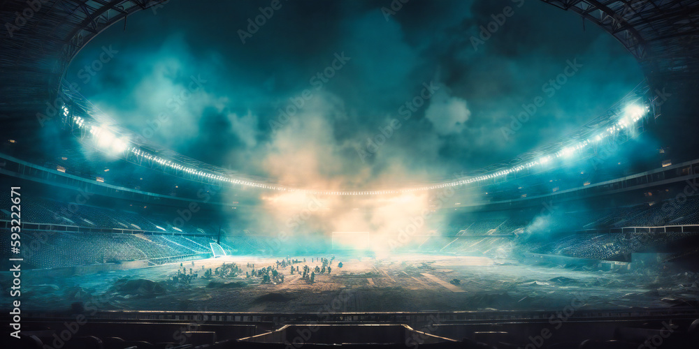 a stadium with smoke around and fire lighting,