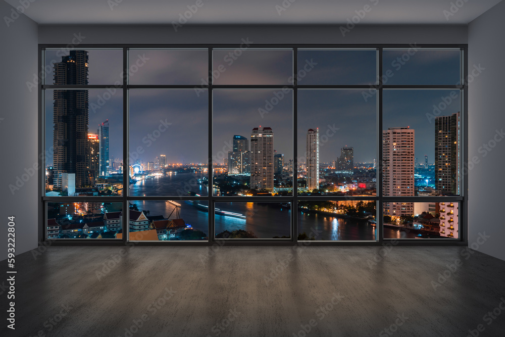 Fototapeta premium Empty room Interior Skyscrapers View Bangkok. Downtown City Skyline Buildings from High Rise Window. Beautiful Expensive Real Estate overlooking. Night time. 3d rendering.