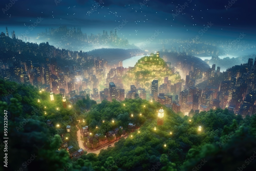 Magical city in the middle of the forest with sparkling light. Generative AI