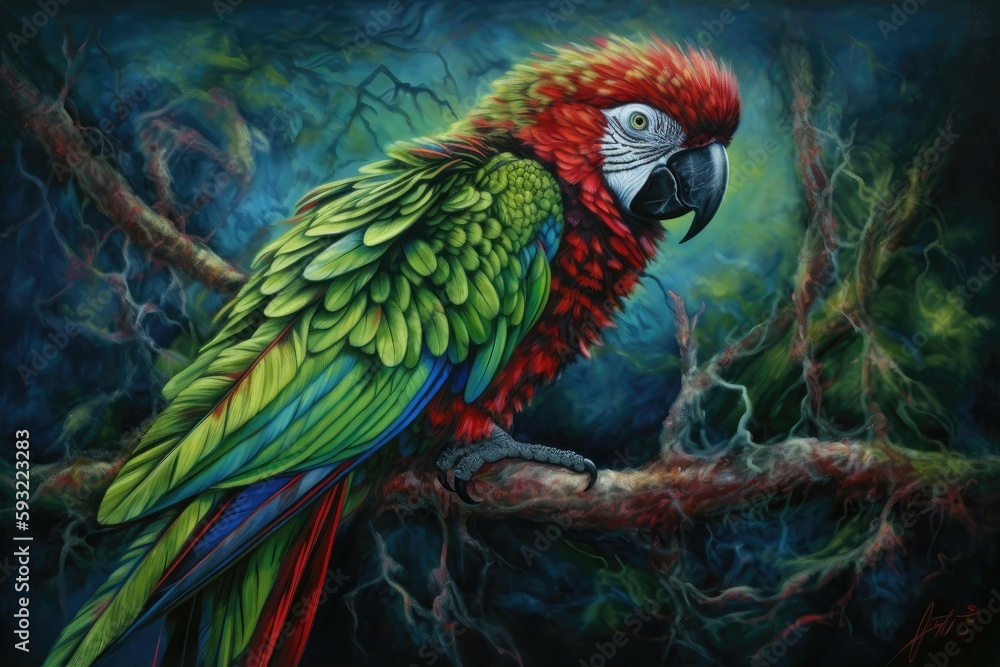 Colorful parrot perched on the branch, its feathers a riot of green, blue, and red. Oil color painting necronomicon illustrations. Generative AI