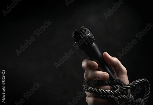 World Press Freedom Day. Press Day. Press Freedom Day. Hand holding mic tied with rope on black background. press and media issues. Media Freedom. World Press Day. Freedom of expression. Generative Ai photo