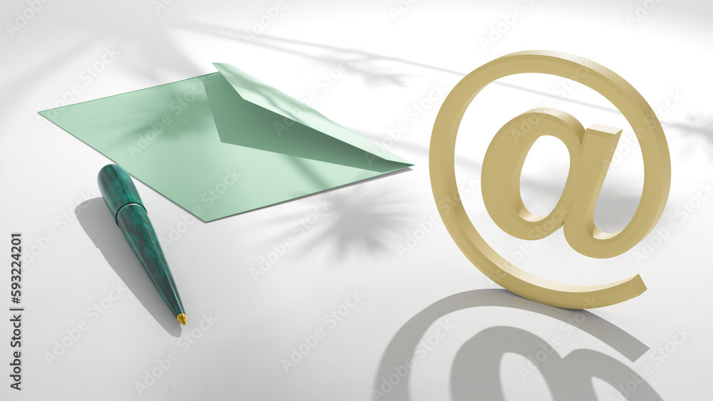 E-mail sign on the background of the table with an envelope and a pen with shadows in the form of tropical plants. Place for text or logo. 3D rendering. E-mail sign on the background of the table with an envelope and a pen with shadows in the form of tropical plants. Place for text or logo. 3D rendering.