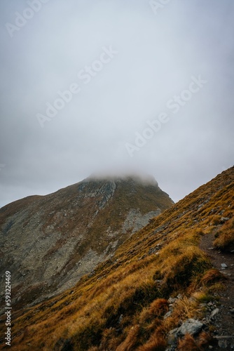 Vertical shot of a mountain range covered with clouds on a foggy day