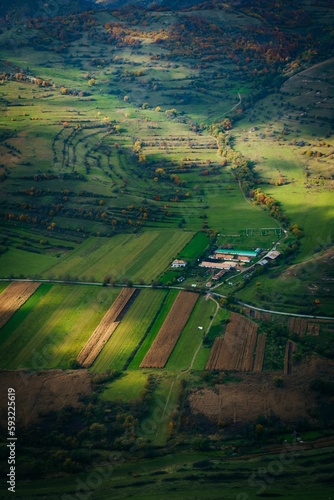 Vertical shot of the green fields and the plantations with the autumn trees in the background photo