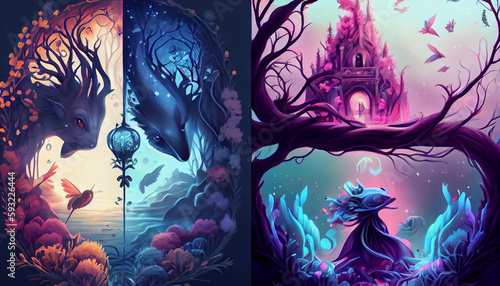 series of fantasy-themed illustrations  showcasing the mythical creatures and magical landscapes.  a  rich colors  intricate details  and a sense of depth to each image  a testament to the enduring po