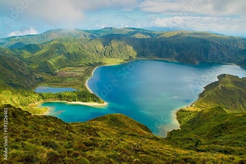 Aerial view of Lagoa do Fogo crater lake located on Sao Miguel island