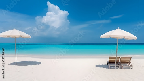 Beautiful beach banner. White sand, chairs and umbrella travel tourism wide panorama background concept. Amazing beach landscape © Prasanth