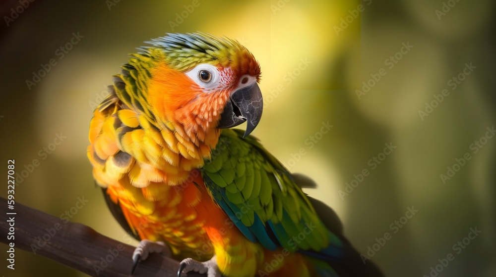 A close-up shot of a colorful Conure perched on a branch