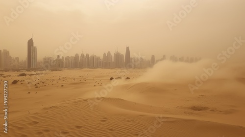 A photo of a city skyline during a sandstorm. 