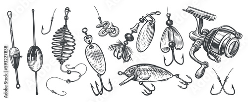 Fishing tackle set. Various items and accessories for sports fishing. Catch a fish, concept, sketch vector illustration