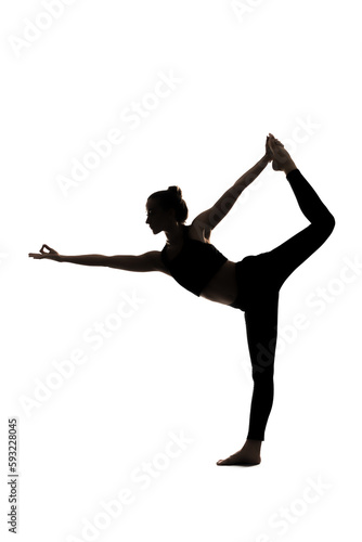 A silhouette of a woman doing yoga asana on a white background