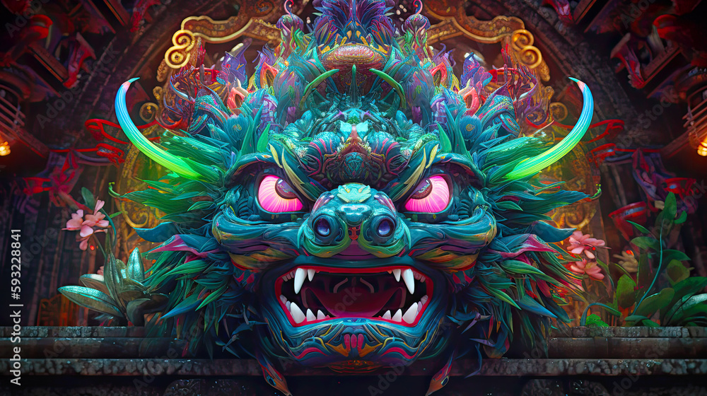 Naklejka premium Scary Barongsai dragon mask for festival parade. Postproducted generative AI illustration.
