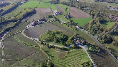 Drone aerial shot of Castello di Trussio castle in Italy on a sunny day photo