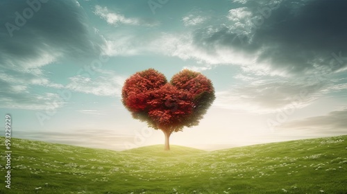 heart shaped tree on green field,generative AI digital illustration.