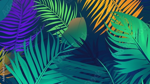 An abstract tropical palm leaves background illustration with vibrant summer colours. A.I. Generated.