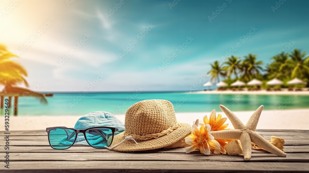 Tropical beach with sunbathing accessories, summer holiday background