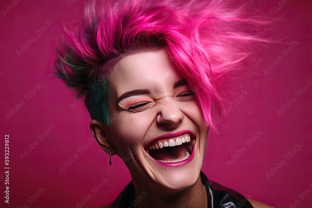 headsot of young beautiful caucasian model laughing loudly on purple