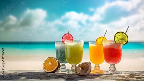 Tropical cocktails in beach decorations.