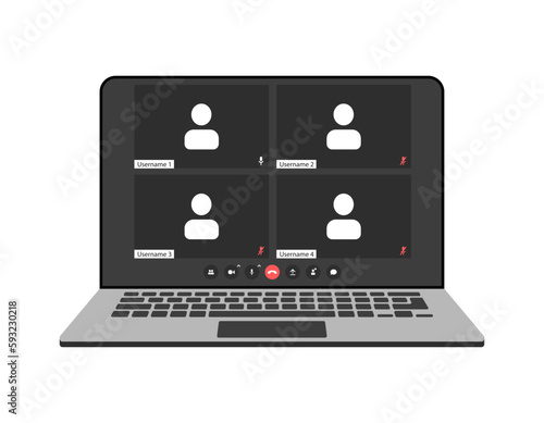 Videocall interface, video call screen icons and UI template for laptop, vector overlay. Video conference or videocall online chat mockup for laptop application with call buttons