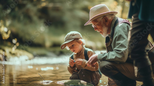 In the midst of a sunny day, a lively grandparent-grandchild duo enjoys an active fishing excursion in nature, Created with generative Ai Technology. photo