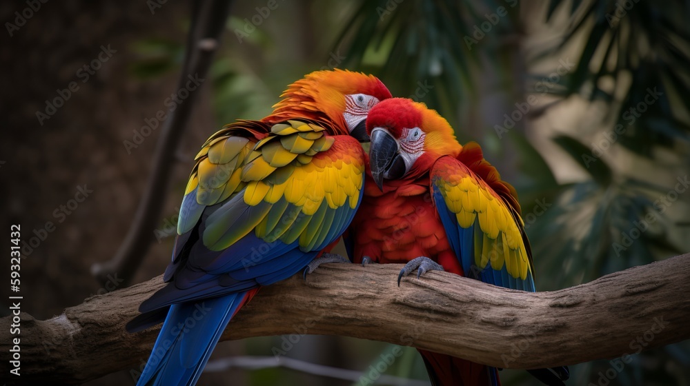 Two Macaws cuddling on a tree branch