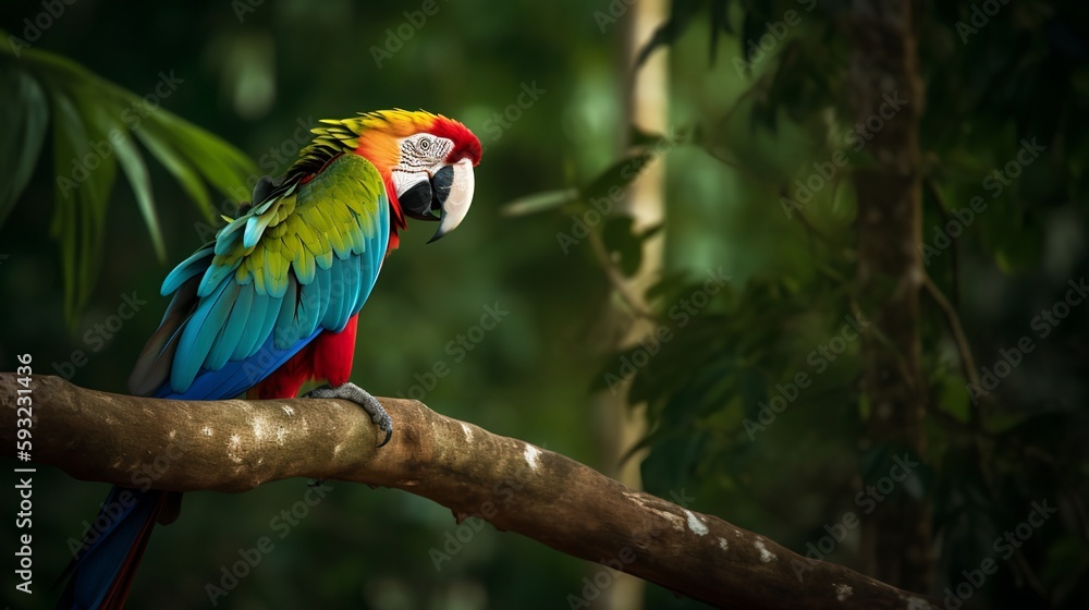Colorful Macaw perched on a tree branch in the jungle