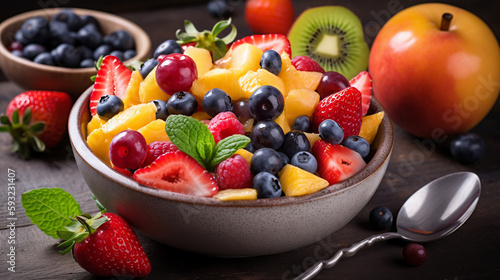 Fruit salad in heart shaped bowl - healthy eating  Generative Ai