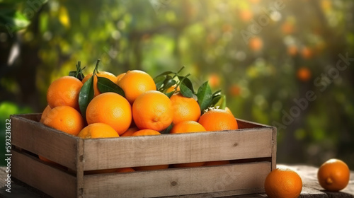 Picturesque scene of delicious ripe oranges in a wooden crate on background of an orange plantation. Copy space. Based on Generative AI