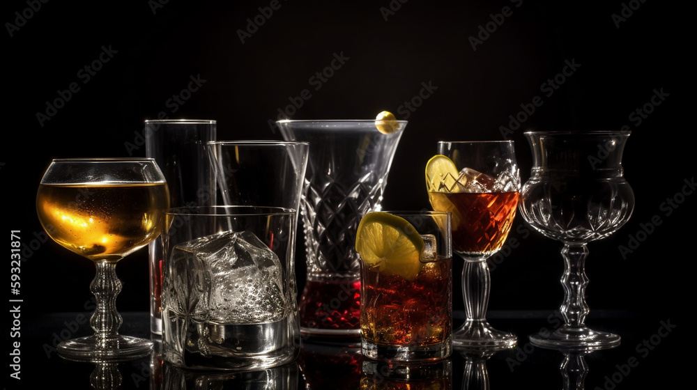alcohol drinks set isolated on a black, Generative Ai alcohol drinks set isolated on a black, Generative Ai