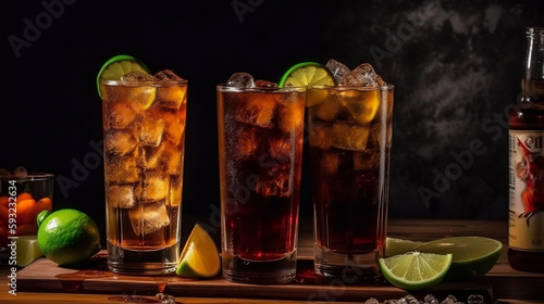 Cuba Libre or long island iced tea cocktail with strong drinks  cola  lime and ice in glass  cold longdrink  Generative Ai