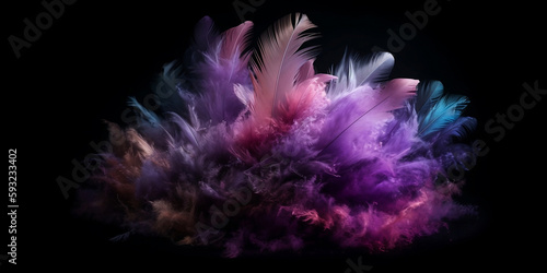 Colorful feathers isolated on a black background. 3d rendering.