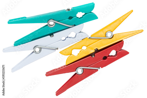 Fotografía Group of colorful plastic clothes pegs isolated on transparent background