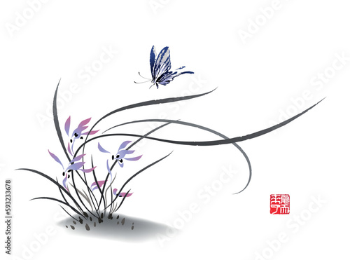 A butterfly flutters over an Orchid flower. Vector illustration in traditional oriental style. Text - "Summer is coming".