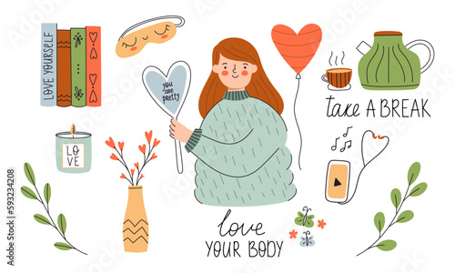 Collection of Love Yourself stickers. Self-care, relax, self-acceptance. A collection of flat objects - tea, candle, vase, books, flowers, hearts, a phone with headphones, a fat girl, sleep mask.