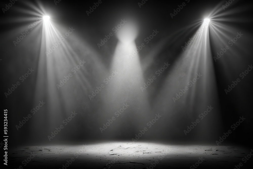 Obraz premium Generative AI illustration of spotlights shine on stage floor in dark room, mist drift around, idea for background, backdrop mock up