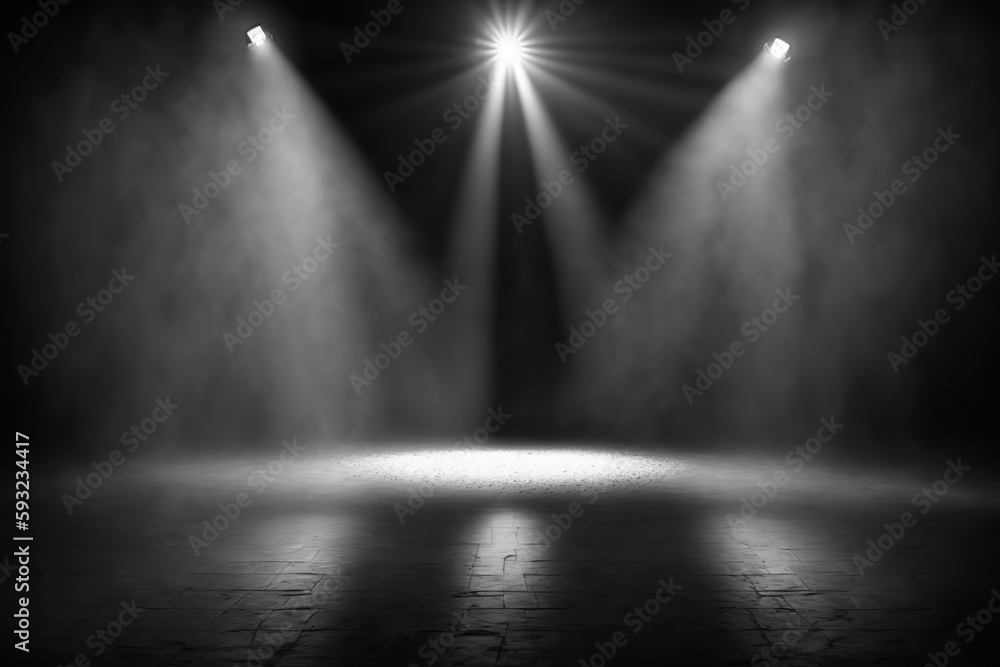 Generative AI illustration of spotlights shine on stage floor in dark room, mist drift around, idea for background, backdrop mock up