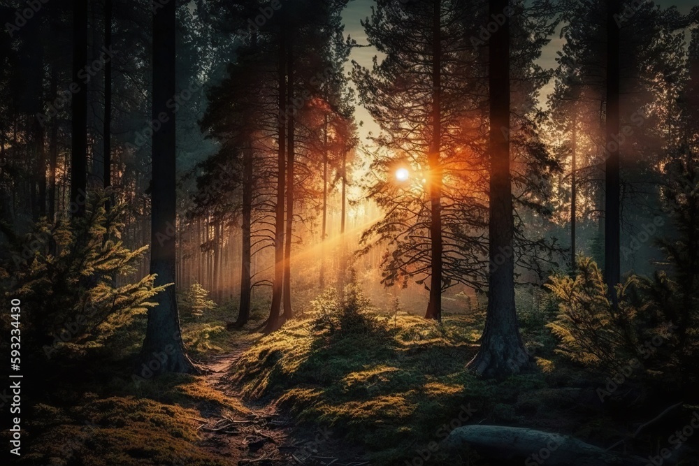 Fototapeta premium Generative AI illustration of sunrise in the forest