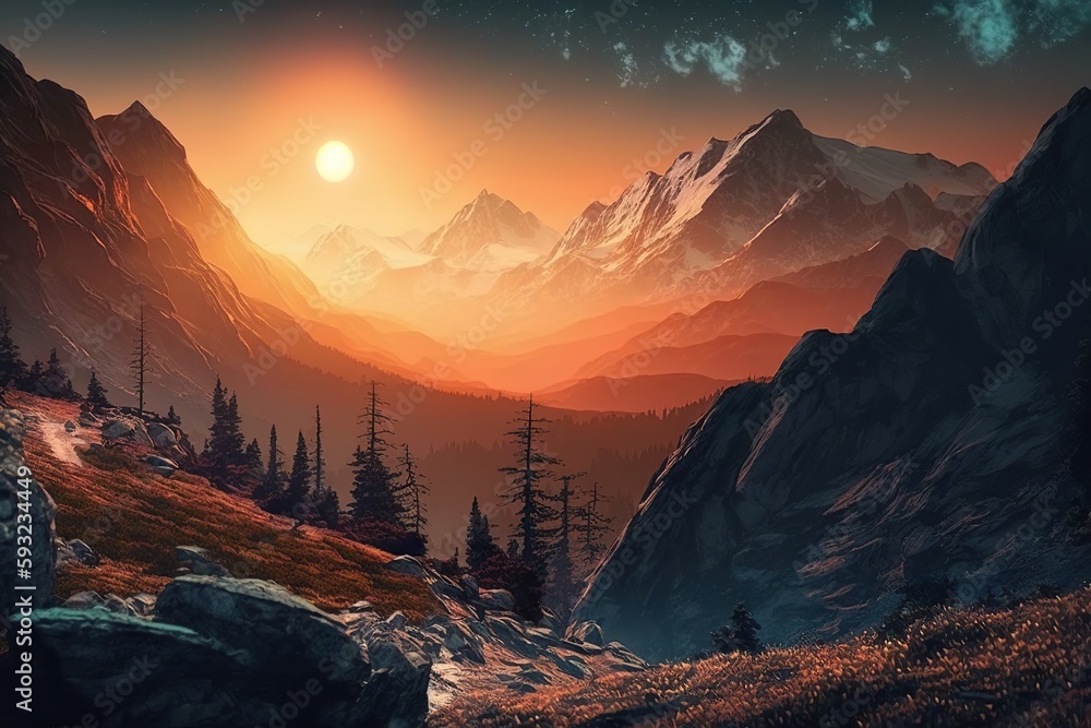 Generative AI illustration of sunrise on the mountain