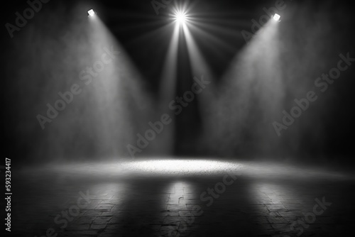 Generative AI illustration of spotlights shine on stage floor in dark room, mist drift around, idea for background, backdrop mock up