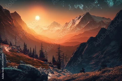 Generative AI illustration of sunrise on the mountain © CravenA
