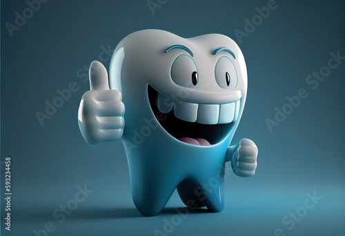 Generative AI illustration of tooth gives the thumbs up gesture on a background, dark white and light azure, lovely