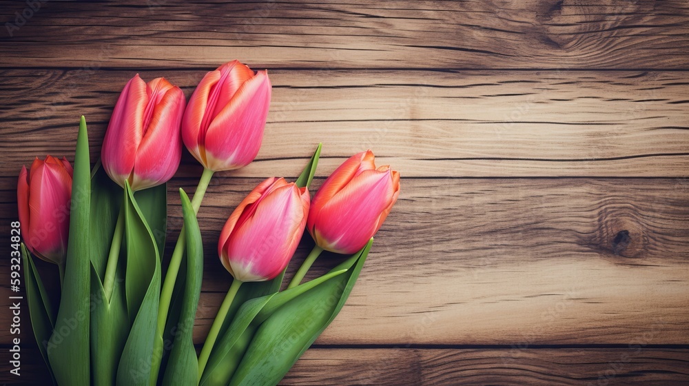 Lovely tulip flowers on wooden backdrop, holiday postcard Generative AI