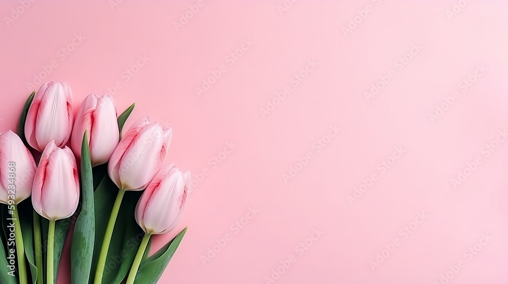pink tulips on a striped background with copy space Generative AI