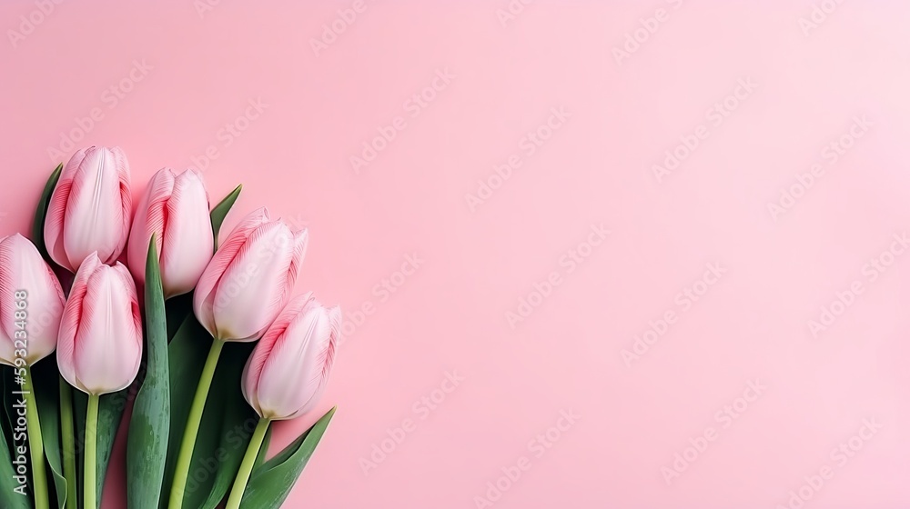pink tulips on a striped background with copy space Generative AI pink tulips on a striped background with copy space Generative AI
